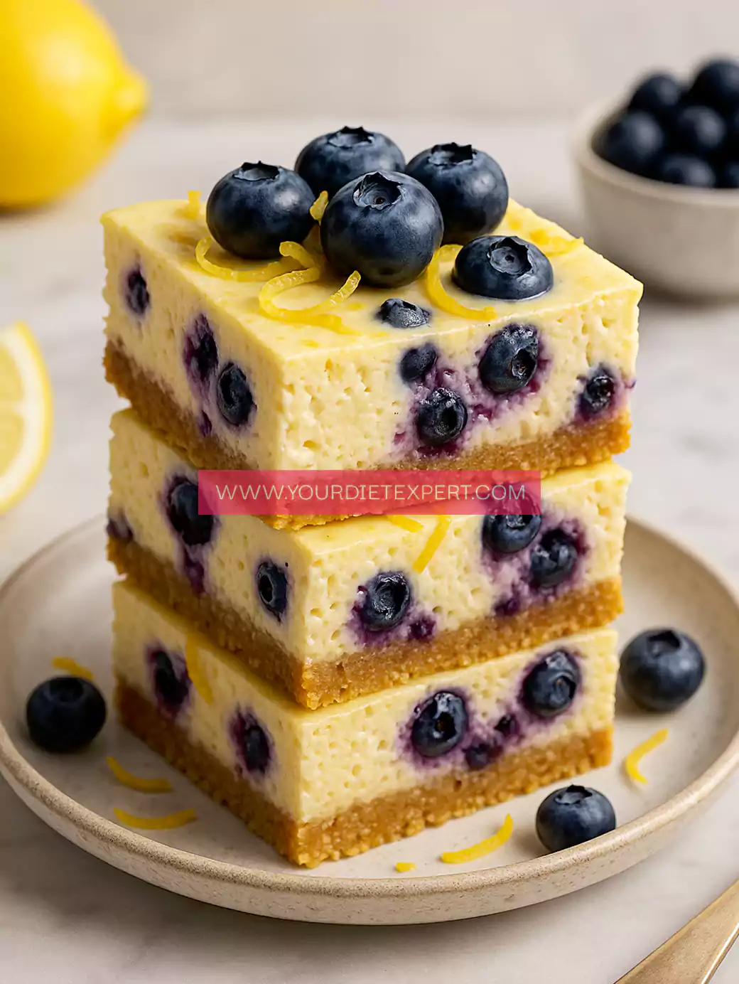 High-Protein Lemon Blueberry Cheesecake Bars (Light, Creamy & Totally Guilt-Free!)