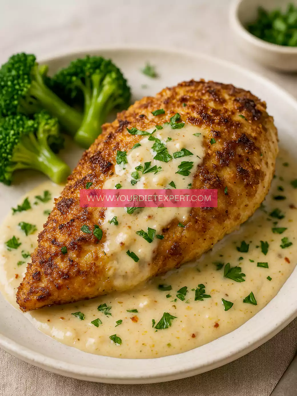 High-Protein Parmesan-Crusted Chicken with Creamy Garlic Sauce – Easy, Flavorful & Guilt-Free Meal
