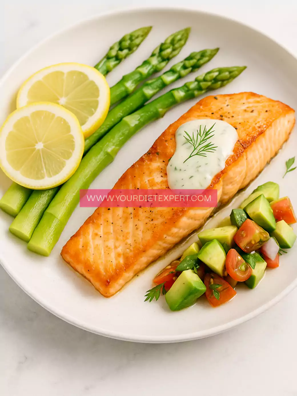 Salmon with Lemon-Dill Sauce & Steamed Asparagus