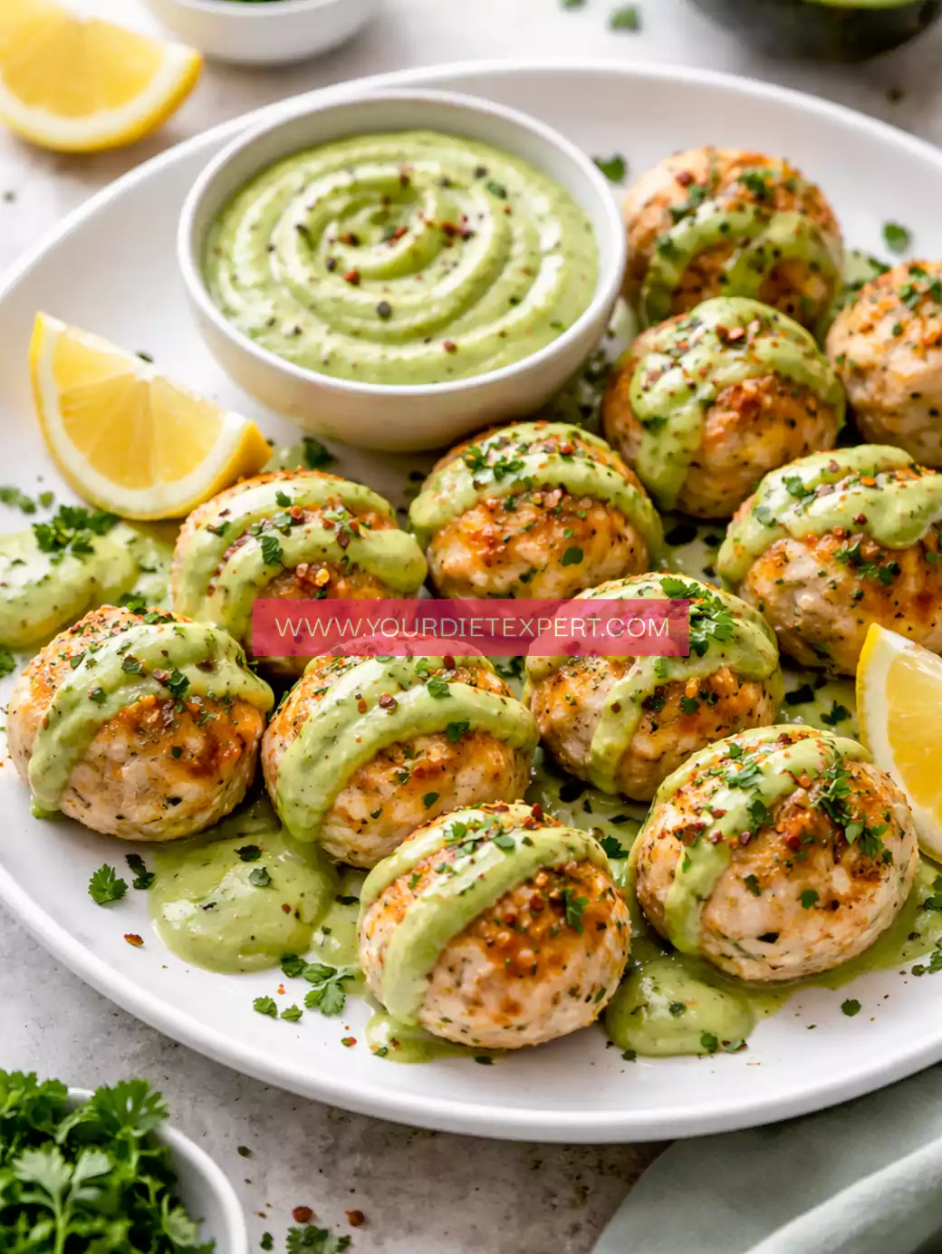 High-Protein Baked Salmon Meatballs with Creamy Avocado Sauce (Easy & Healthy Dinner)