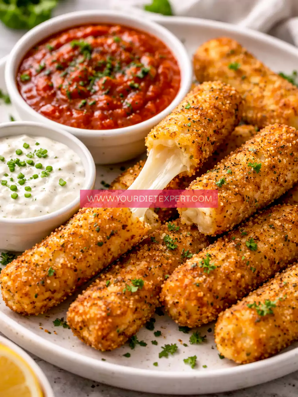 High-Protein Crispy Mozzarella Sticks with Marinara Sauce & Creamy Dip