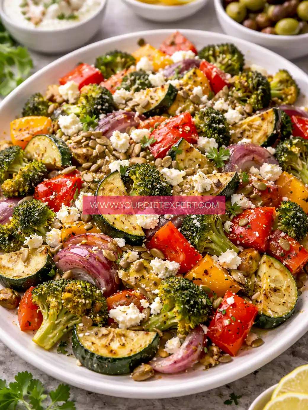 Keto Roasted Veggies with Feta Cheese & Crunch (Low-Carb Mediterranean Vegetable Dish)