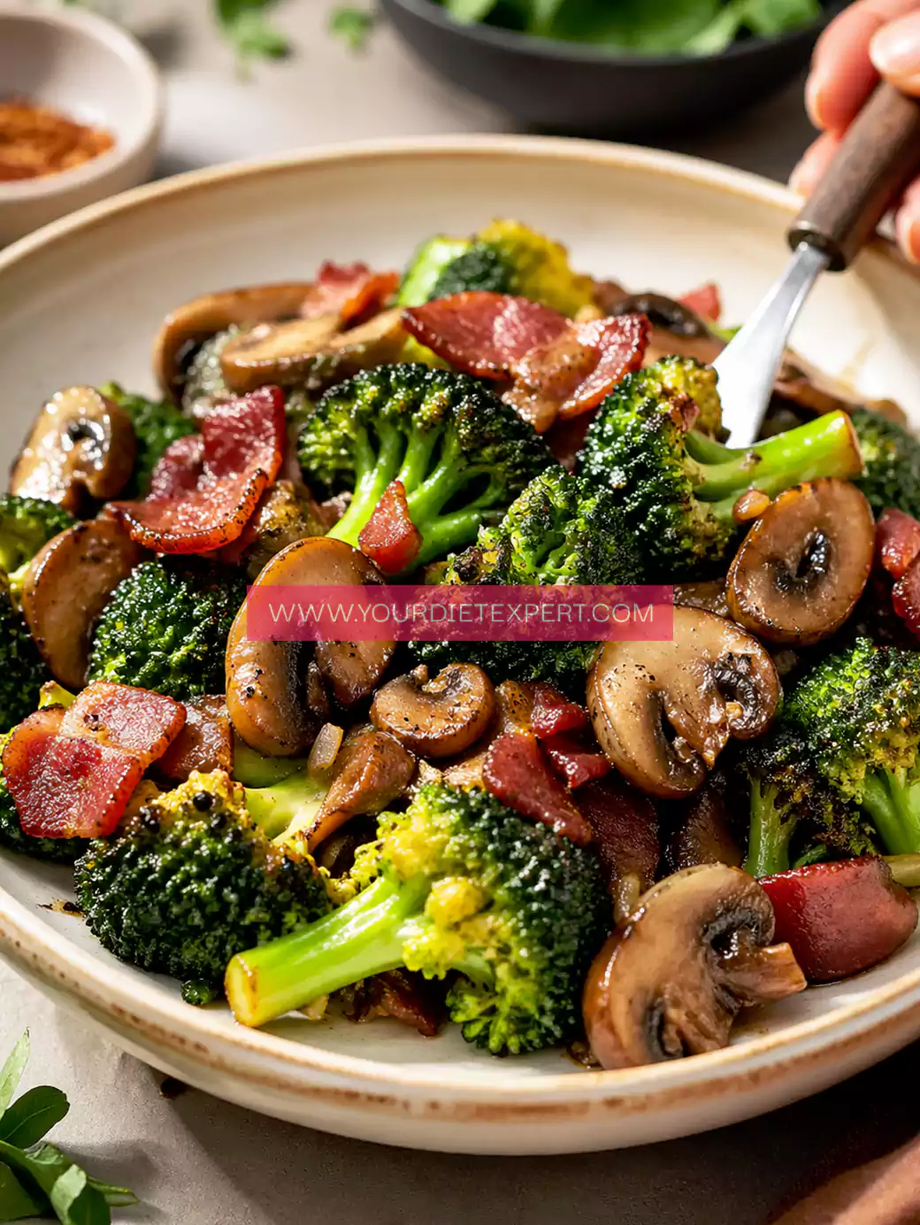 Keto Bacon Broccoli & Mushroom Skillet (Low Carb, High Protein Dinner)