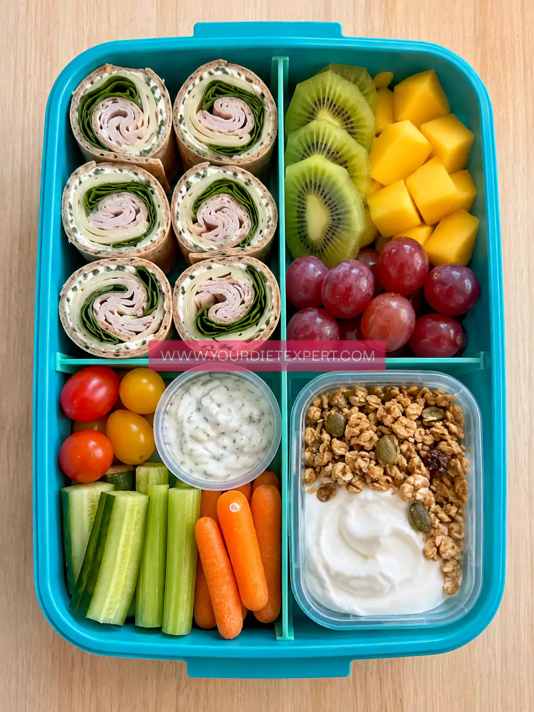 Turkey Swiss Spinach Roll-Ups Bento Box for a Healthy Lunch